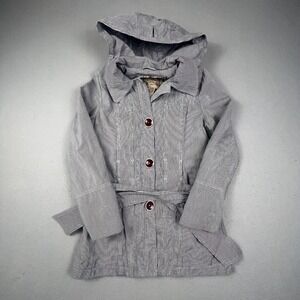 RuffHewn Ticking Stripe Jacket Womens S Blue White Belted Floral Lined Trench